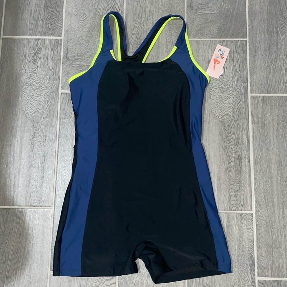 Women’s size Large one piece Navy, black and lime bathing suit nwt